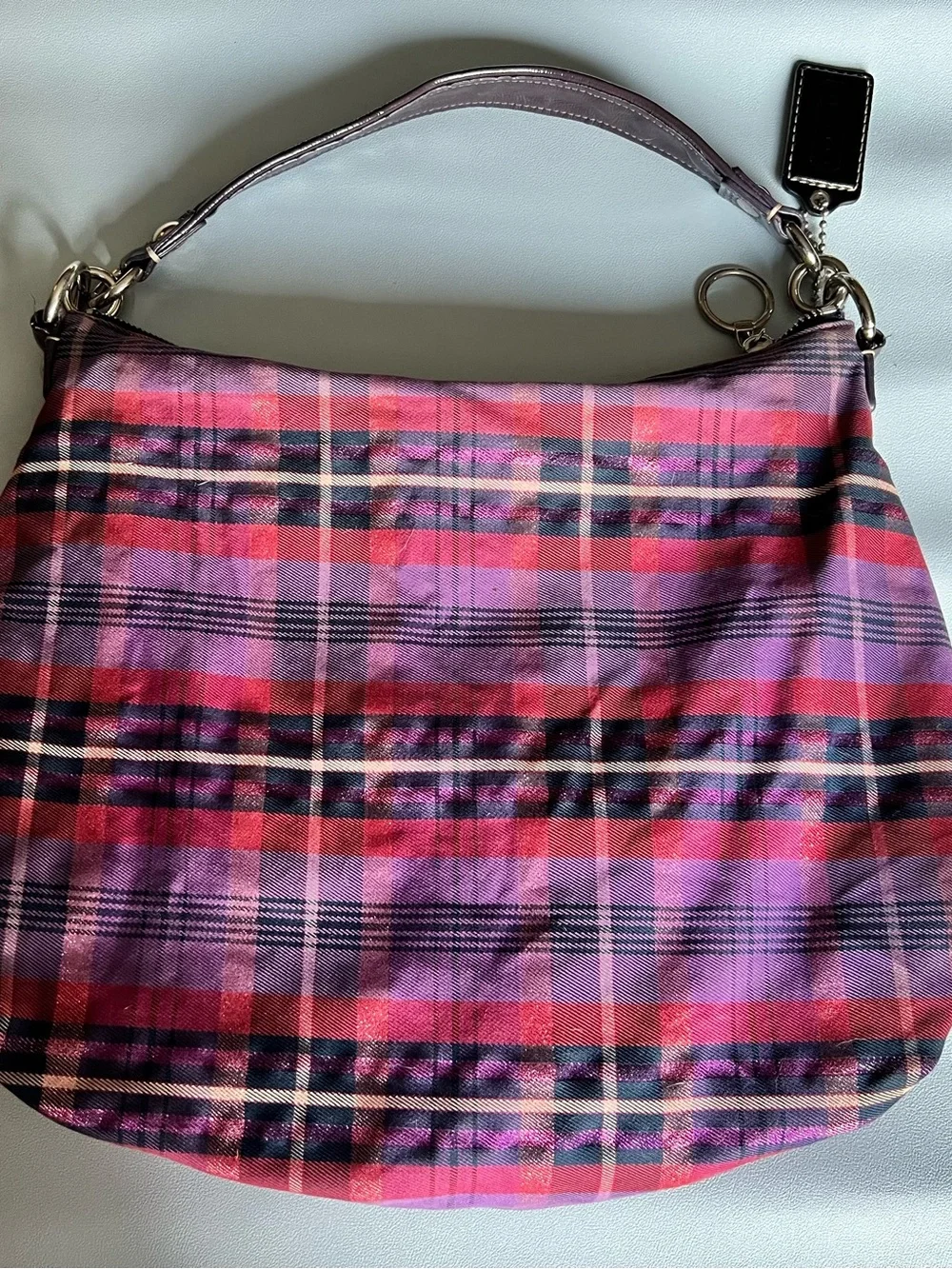 Coach Poppy Purple Pink Black Metallic Tartan Plaid Shoulder Crossbody Hobo Bag